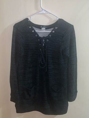 VENUS Black Lace-Up Knit Sweatshirt with Front Pockets